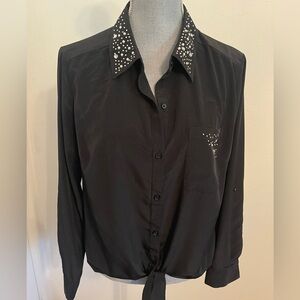 Stud-Detail Black Tie-Front Women's Shirt